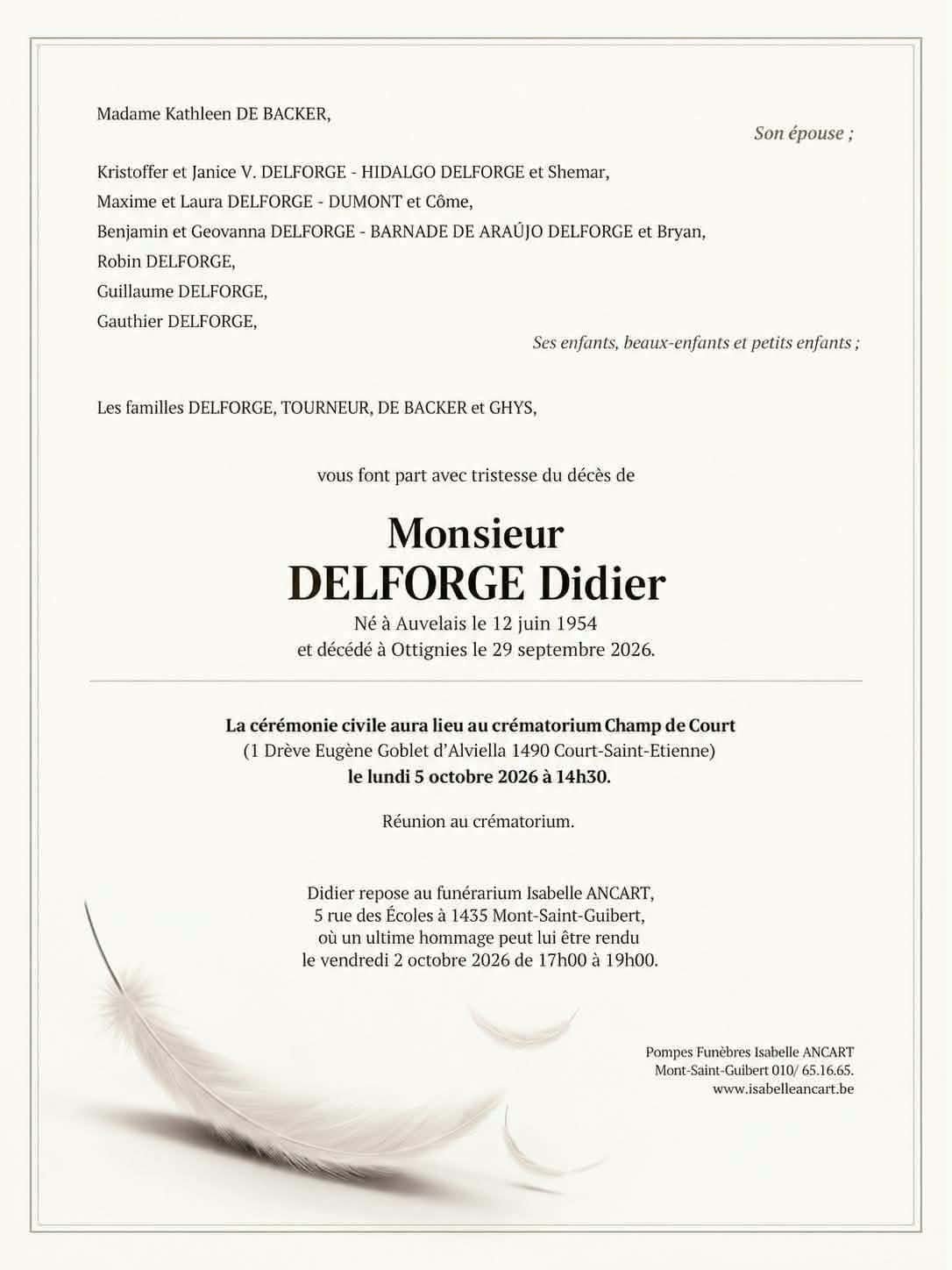 Faire-part décès de Didier Delforge